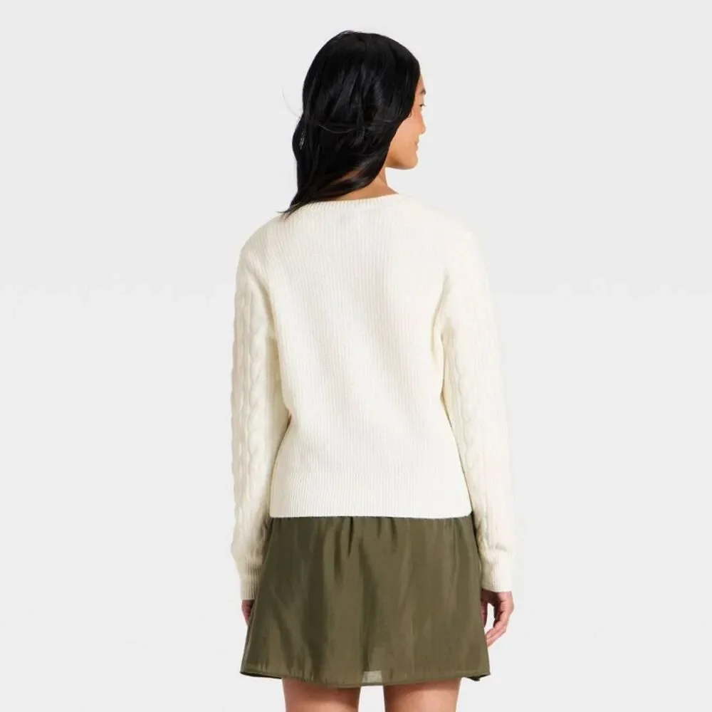 Women's Heritage Cable Crewneck Cardigan - Universal Thread Cream M